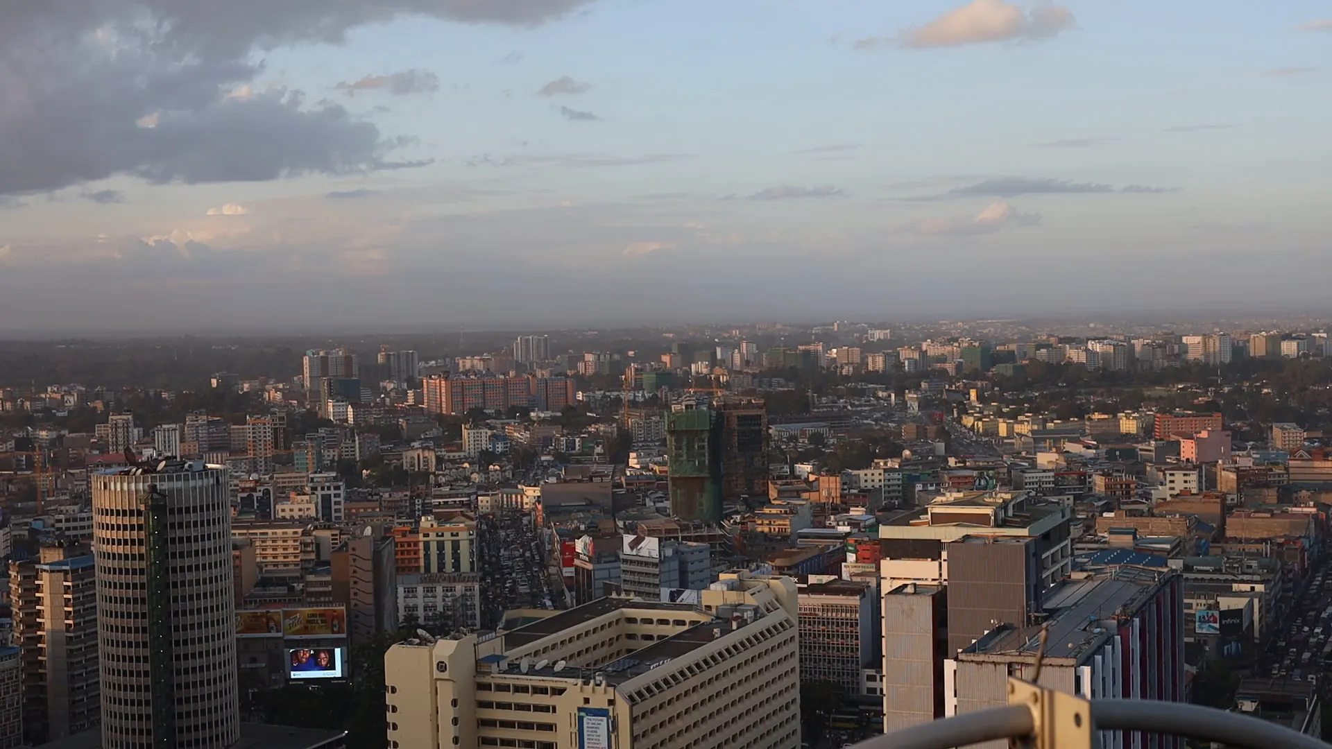 Aerial view of the Nairobi central business district at dusk